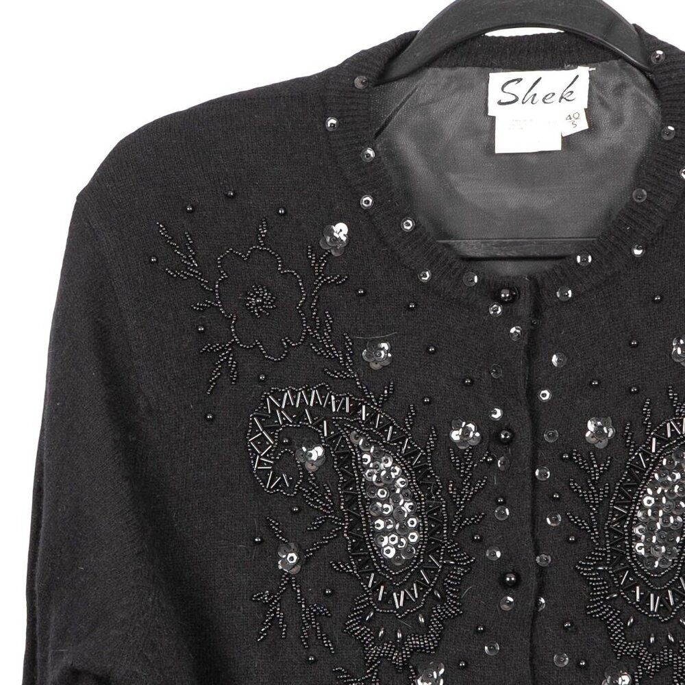 Shek VTG 80s Beaded Cardigan Sweater 40 S Black Lambswool Angora Whimsigoth Knit - Picture 2 of 6